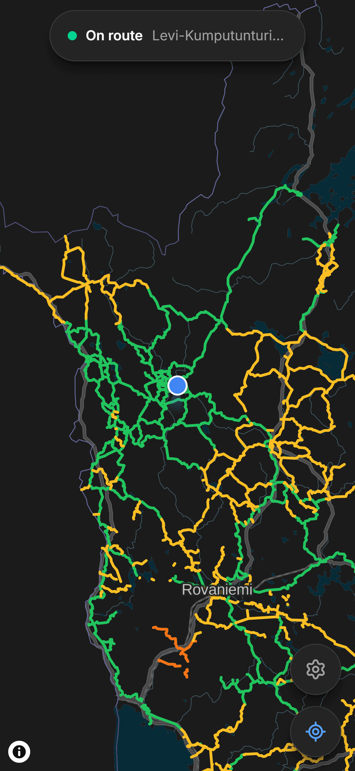 The whole Lapland snowmobile network drawn on the map: official routes in green, tracks in yellow.