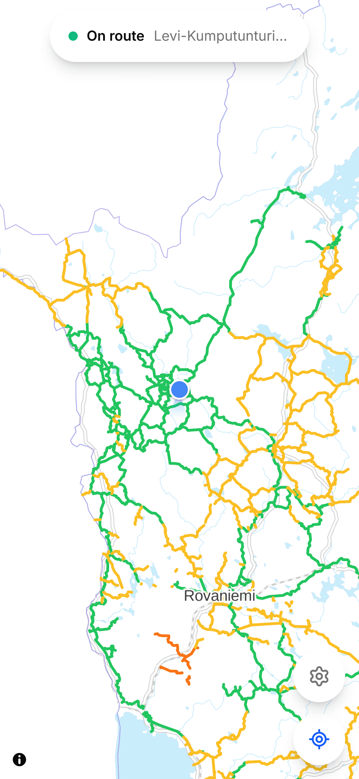 The whole Lapland snowmobile network drawn on the map: official routes in green, tracks in yellow.