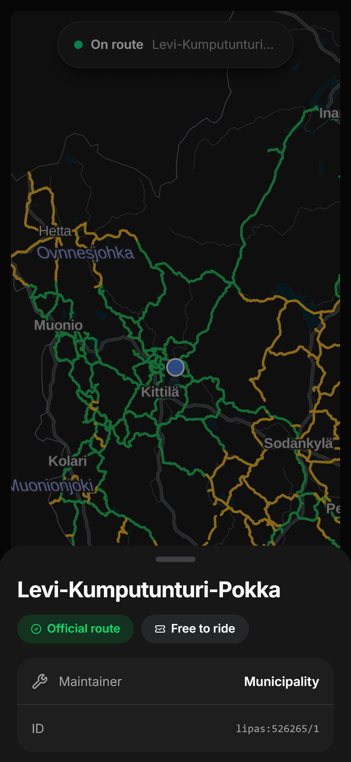 A route sheet: the Levi–Kumputunturi–Pokka official route, marked “Free to ride”, and who maintains it.
